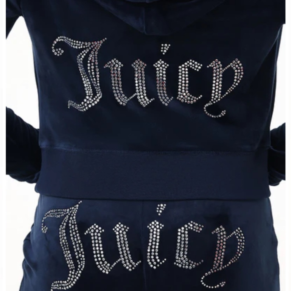 Juicy Couture OG Bling Navy Blue Velour Tracksuit Zip Hoodie Pants Sz L NWT!